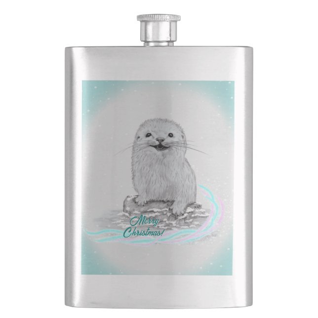 Cute White Baby Sea Otter , Merry Christmas Hip Flask (Front)