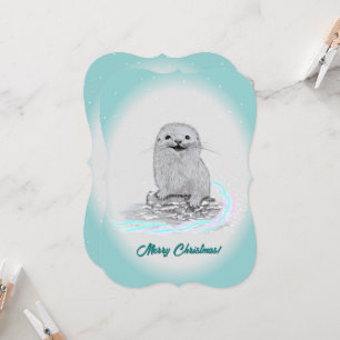 Cute White Baby Sea Otter , Merry Christmas Invitation