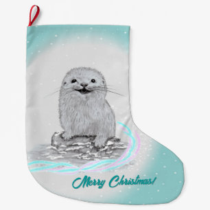 Cute White Baby Sea Otter , Merry Christmas Large Christmas Stocking