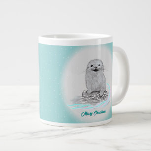 Cute White Baby Sea Otter , Merry Christmas Large Coffee Mug