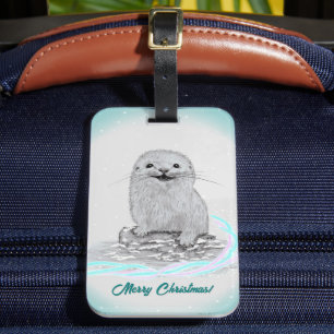 Cute White Baby Sea Otter , Merry Christmas Luggage Tag