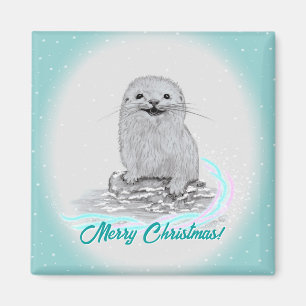 Cute White Baby Sea Otter , Merry Christmas Magnet