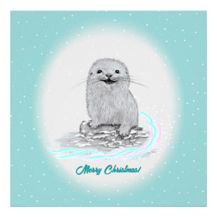 Cute White Baby Sea Otter , Merry Christmas Photo Print