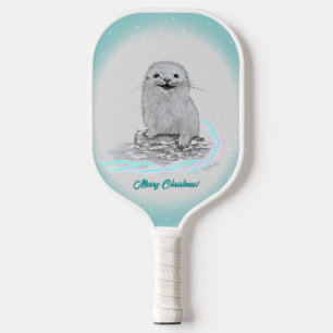 Cute White Baby Sea Otter , Merry Christmas Pickleball Paddle