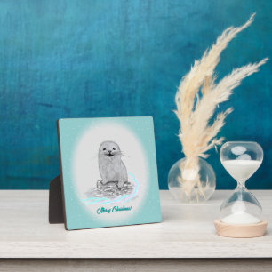 Cute White Baby Sea Otter , Merry Christmas Plaque