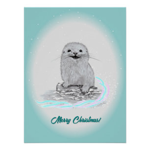 Cute White Baby Sea Otter , Merry Christmas Poster