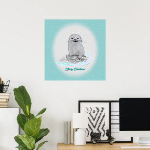 Cute White Baby Sea Otter , Merry Christmas Poster