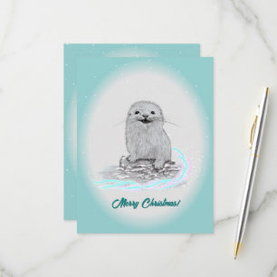 Cute White Baby Sea Otter , Merry Christmas RSVP Card