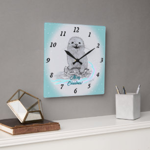 Cute White Baby Sea Otter , Merry Christmas Square Wall Clock