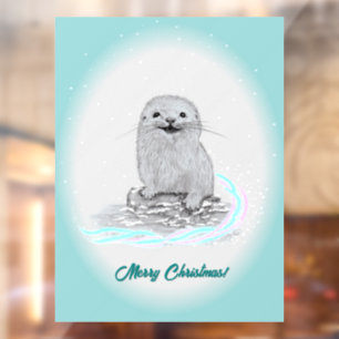 Cute White Baby Sea Otter , Merry Christmas Window Cling