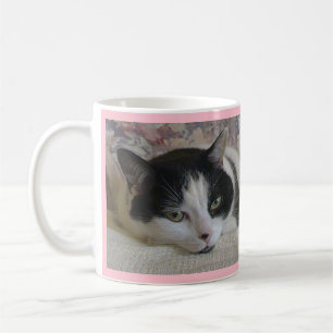Cute White Black Cat Photo Monogram Name Pink Coffee Mug