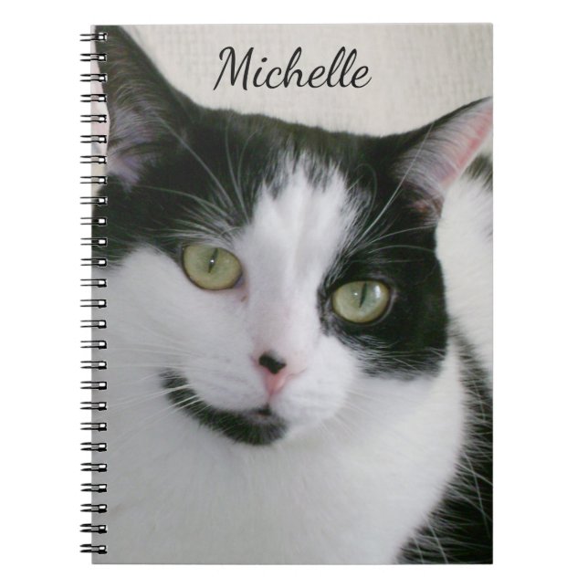 Cute White Black Cat Photo Personalised Name  Notebook (Front)