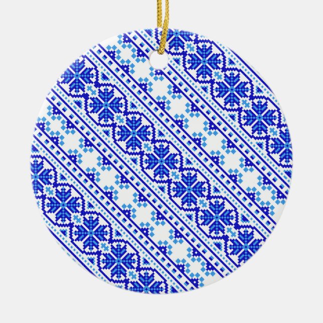 Cute white blue decorative ukrainian stripes ceramic tree decoration (Front)