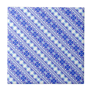 Cute white blue decorative ukrainian stripes tile