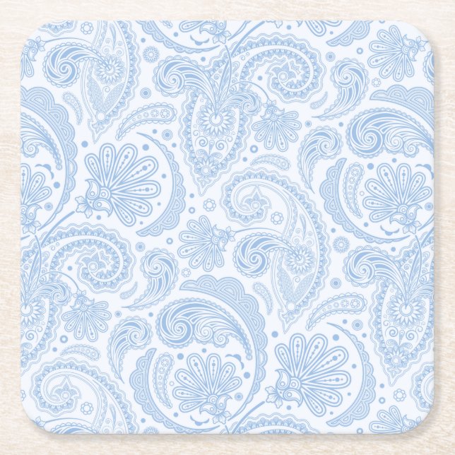 Cute white blue paisley pattern square paper coaster (Front)