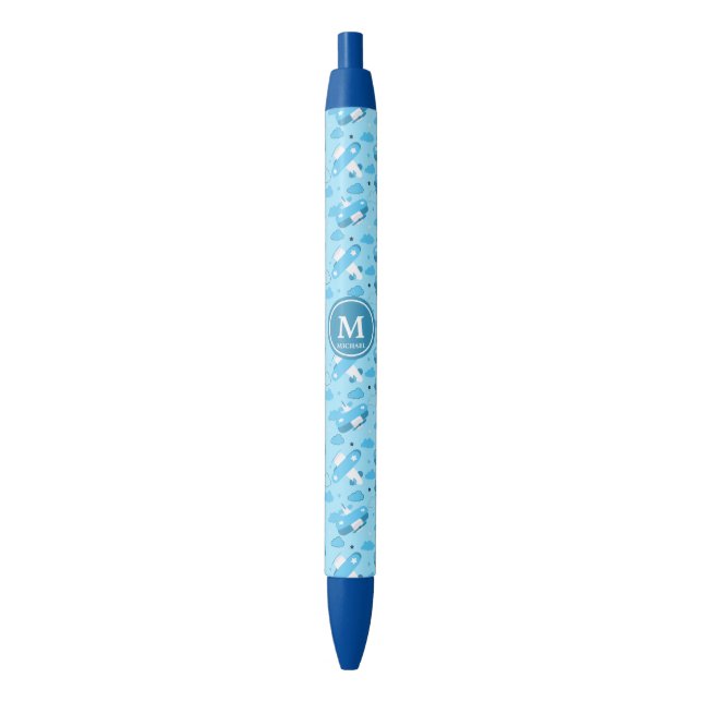 Cute White & Blue Planes and Clouds Kids Monogram Blue Ink Pen (Front Vertical)
