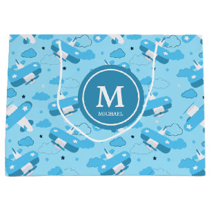 Cute White & Blue Planes and Clouds Kids Monogram Large Gift Bag