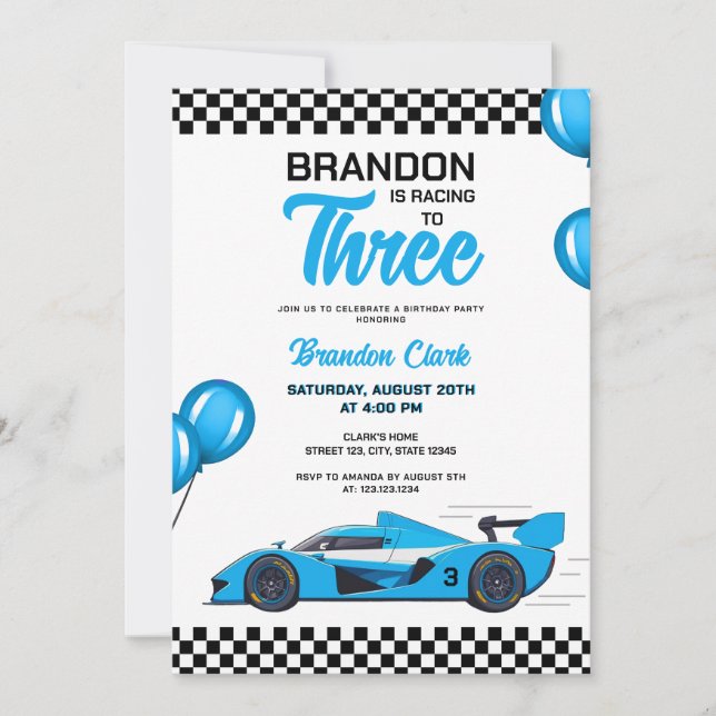 Cute White & Blue Racecar Kids Birthday Invitation (Front)