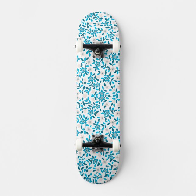 Cute white blue seamless spring flowers patterns C Skateboard (Front)