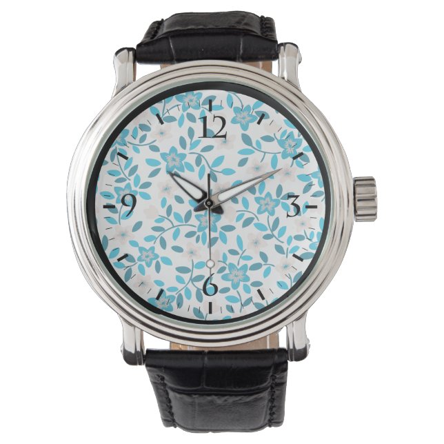 Cute white blue seamless spring flowers patterns watch (Front)