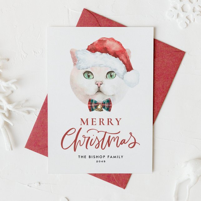 Cute White British Shorthair Cat Santa Christmas Holiday Card (Creator Uploaded)
