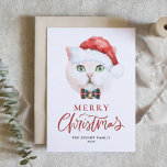 Cute White British Shorthair Cat Santa Christmas Holiday Card<br><div class="desc">Merry Christmas! Send holiday greetings to family and friends with a cat-themed Christmas flat card. It features a watercolor illustration of a cute white British shorthair cat with a Santa hat and tartan bow tie. The texts are fully editable. Personalise by adding a greeting, names and messages. This cat Christmas...</div>