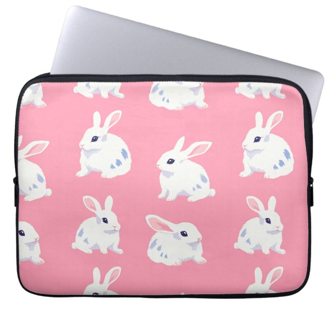 Cute White Bunnies on Pink - Adorable Pattern Laptop Sleeve (Front)