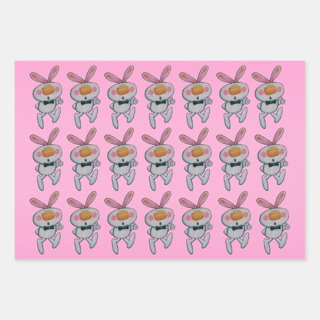 Cute White Bunnies Orange Noses Thumbs Up Pinks Wrapping Paper Sheet (Front)
