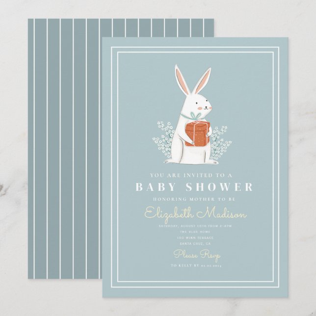 Cute White Bunny Blue Baby Shower   Invitation (Front/Back)