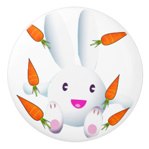 Cute White Bunny & Carrots Ceramic Knob