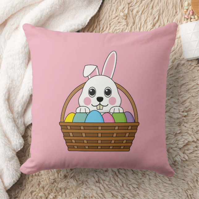 Cute White Bunny Colourful Easter Egg Hunt Basket Cushion (Blanket)