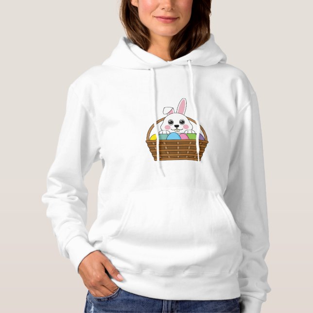 Cute White Bunny Colourful Easter Egg Hunt Basket Hoodie (Front)