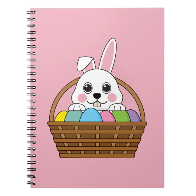 Cute White Bunny Colourful Easter Egg Hunt Basket Notebook (Front)