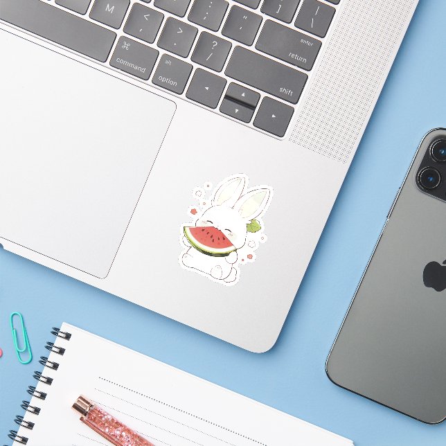 Cute White Bunny Eating Watermelon Sticker (Laptop w/ iPhone)