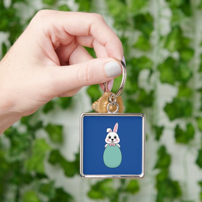 Cute White Bunny Holding Easter Egg Key Ring (Hand)
