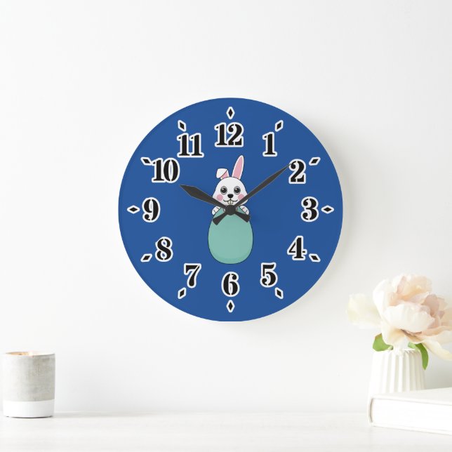 Cute White Bunny Holding Easter Egg Large Clock (Home)