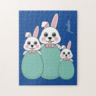 Cute White Bunny Holding Easter Egg Personalise Jigsaw Puzzle