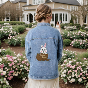 Cute White Bunny in Chocolate Egg Happy Easter Denim Jacket