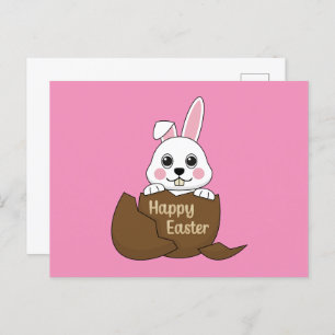 Cute White Bunny in Chocolate Egg Happy Easter Holiday Postcard
