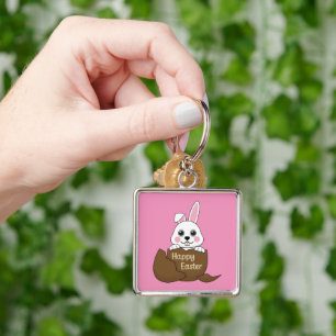 Cute White Bunny in Chocolate Egg Happy Easter Key Ring