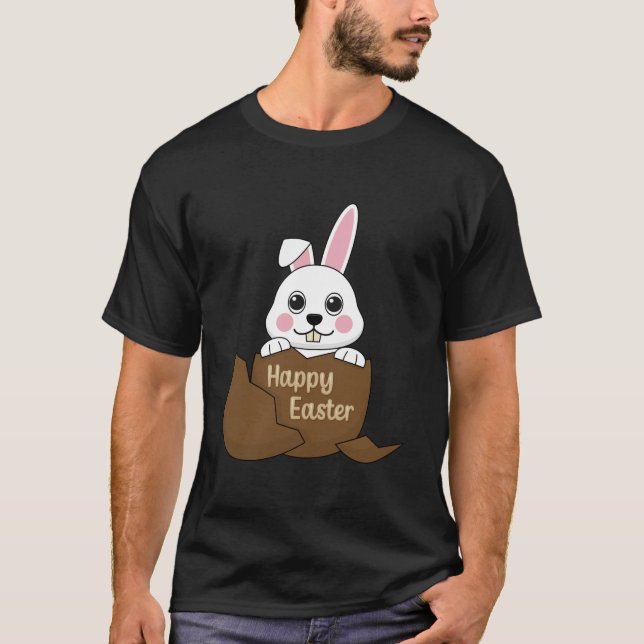 Cute White Bunny in Chocolate Egg Happy Easter T-Shirt (Front)