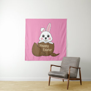 Cute White Bunny in Chocolate Egg Happy Easter Tapestry