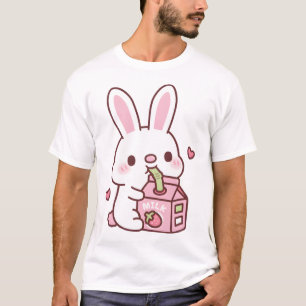 Cute White Bunny Loves Drinking Strawberry Milk T-Shirt