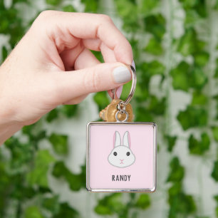 Cute white bunny on pink key ring