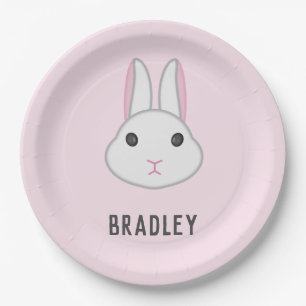 Cute white bunny on pink paper plate