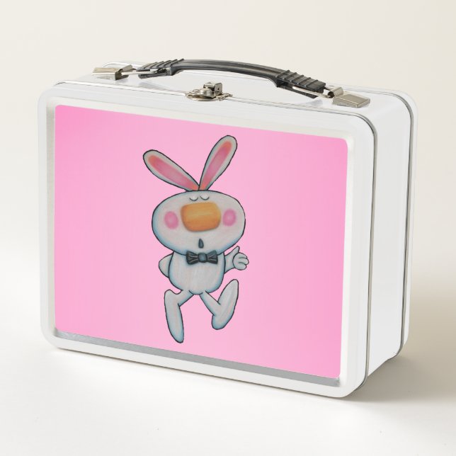 Cute White Bunny Orange Nose Thumbs Up Pink Metal Lunch Box (Front)