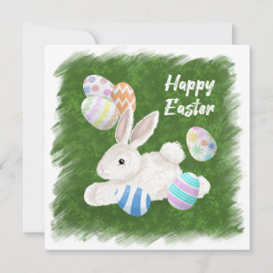 Cute White Bunny Painted Eggs Happy Easter Holiday Card