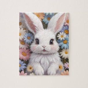 Cute White Bunny Pastel Daisy Flowers Jigsaw Puzzle