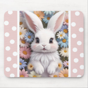 Cute White Bunny Pastel Daisy Flowers Mouse Mat