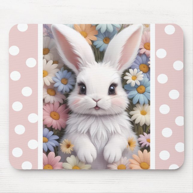 Cute White Bunny Pastel Daisy Flowers Mouse Mat (Front)